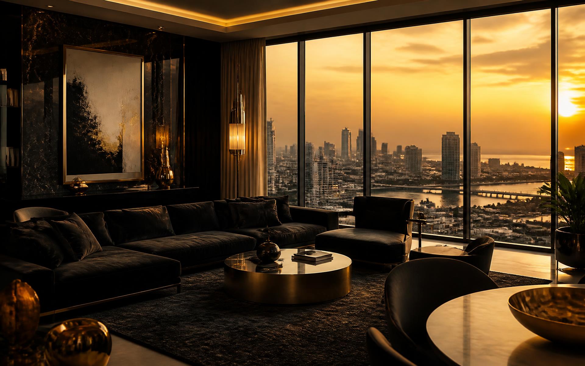 Luxury penthouse living room overlooking the Lagos skyline at sunrise